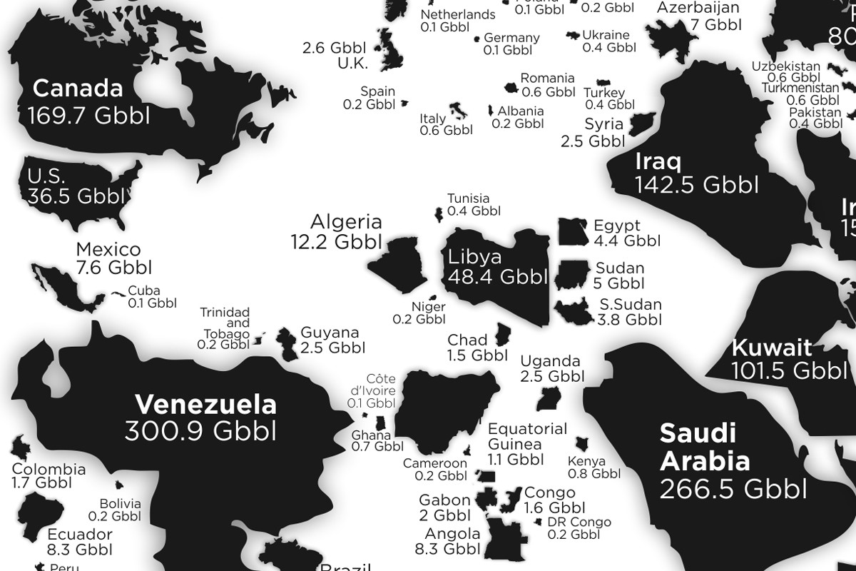 ¿Cuántas reservas de petróleo conocidas tiene cada país del mundo?